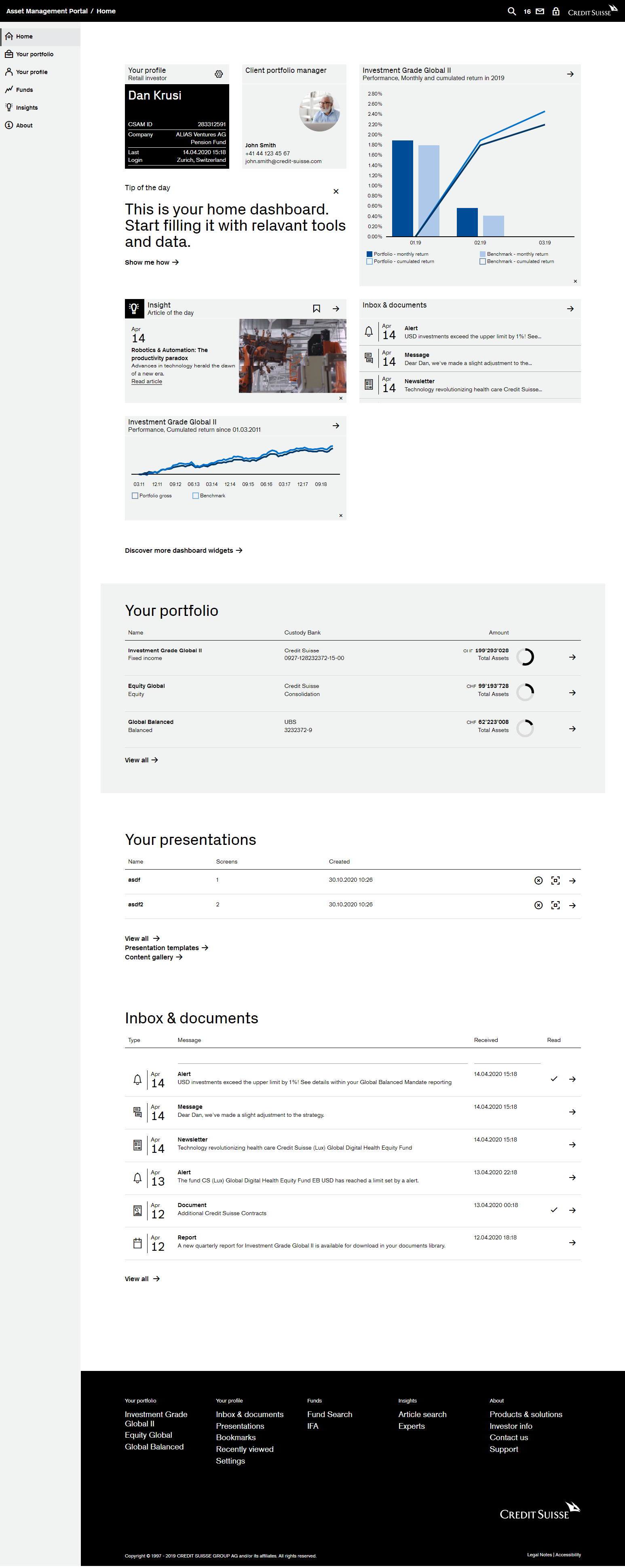 The home-screen presents the user with a fully customizable dashboard and the users most important portfolios, documents and messages. The prototype fully implemented the dashboard as well as other features (even part of the messaging in the inbox!) to ensure the proper testing and use-cases with real-users could take place.