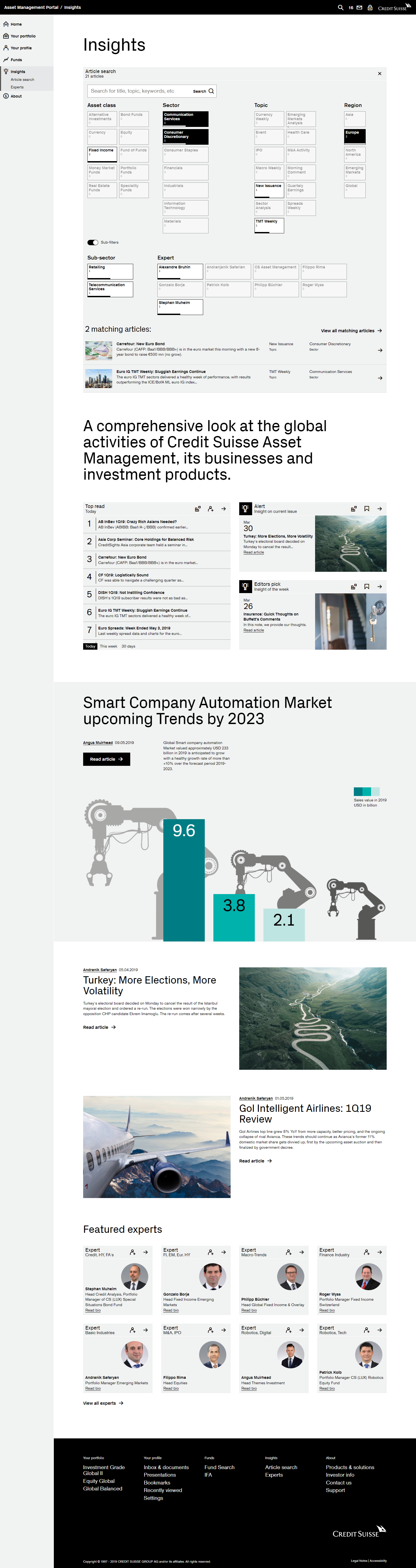 The insights page, with a fully-working interactive filter panel, features informative articles in various formats. This allows for the highlighting of topics and featuring of specific articles.